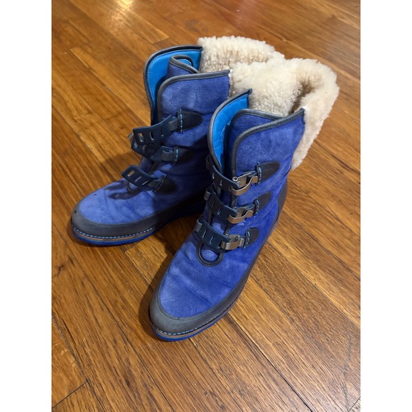Cole Haan Nike Air Blue Suede Shearling Buckle Winter Wedge Boots Womens - Picture 2 of 13